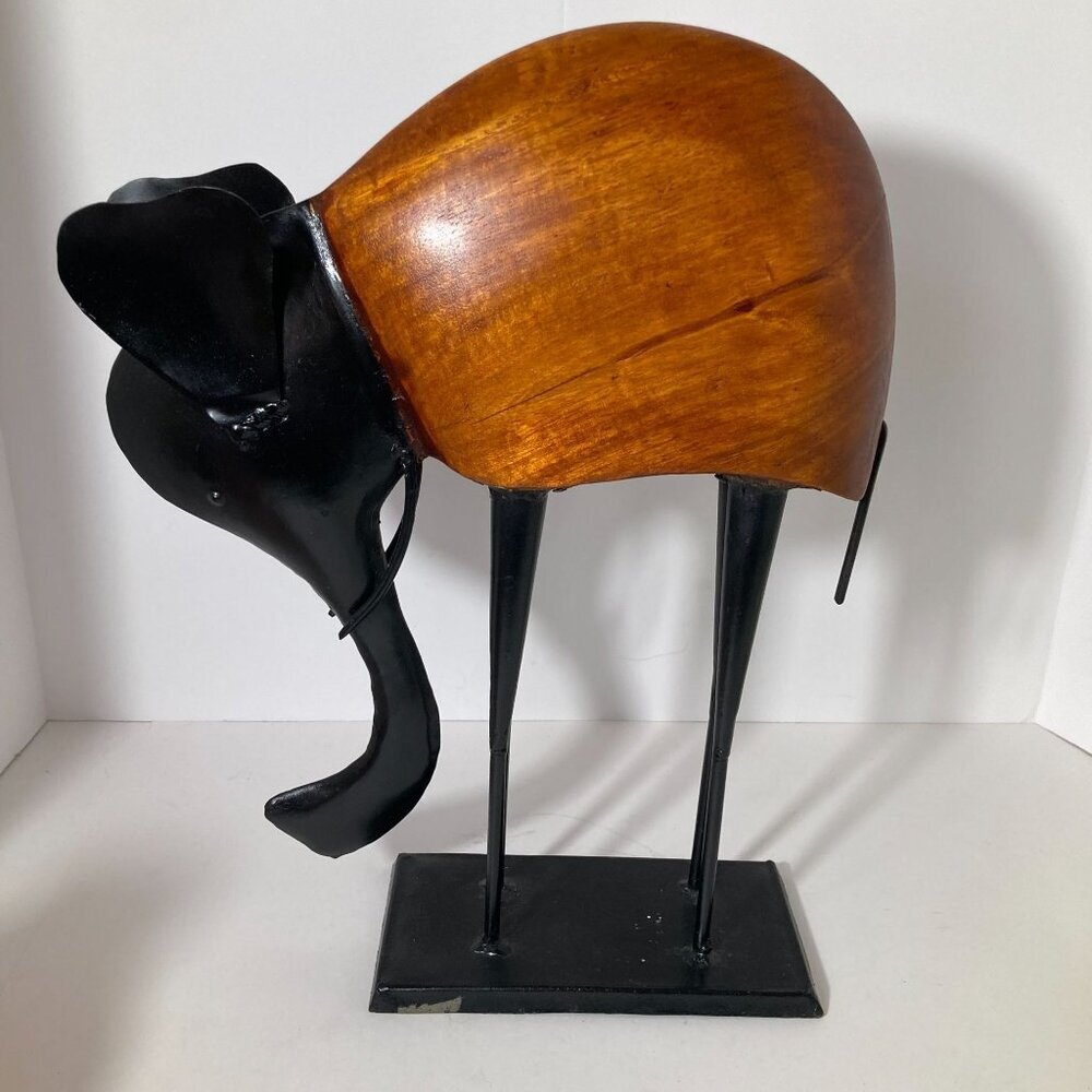 Handmade Brutalist Elephant Wood Iron Sculpture 15" x 11 x 4" Trunk Down Black B